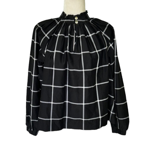 Marie Oliver Silk Black & White Plaid Windowpane Printed Ruffle Neck Blouse - S - Picture 3 of 14